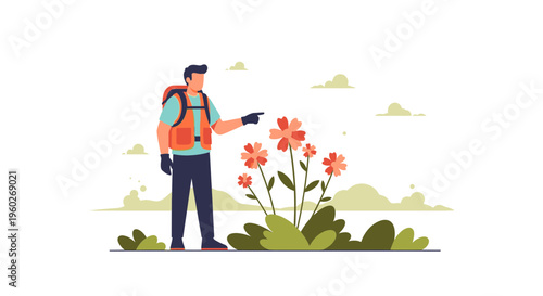 Explorer Discovering Blooming Flowers In Nature