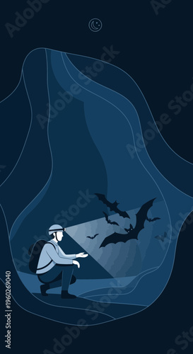 Explorer Discovering Cave Dwelling Bats With Headlamp Illumination
