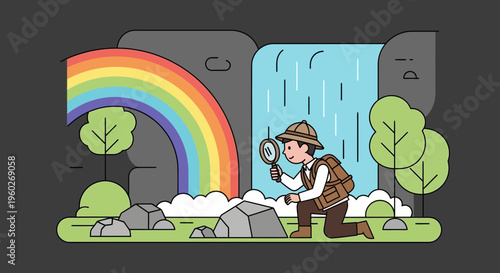 Explorer Discovering Nature's Wonders With Magnifying Glass And Rainbow