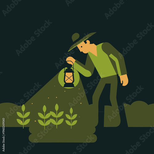 Explorer Discovering Nature With Old Lantern At Night