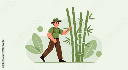 Explorer Investigating Lush Bamboo Forest With Tropical Foliage