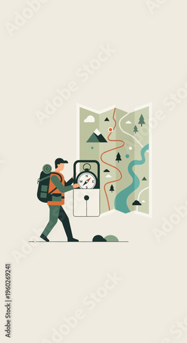 Explorer Navigates Wilderness Using Vintage Compass and Detailed Map