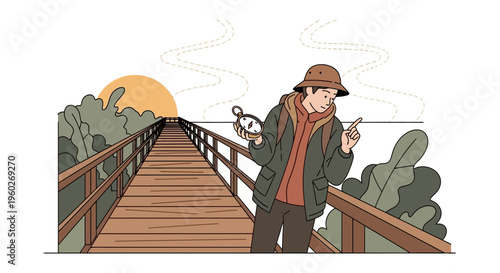 Explorer Navigating Boardwalk with Compass During Sunrise Adventure