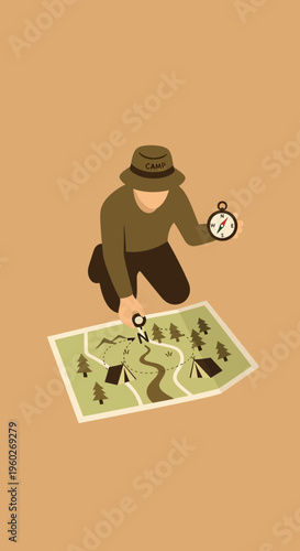 Explorer Navigating Wilderness With Compass And Map Adventure Journey