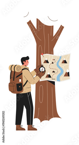 Explorer Navigating Wilderness With Map And Compass Near Ancient Tree