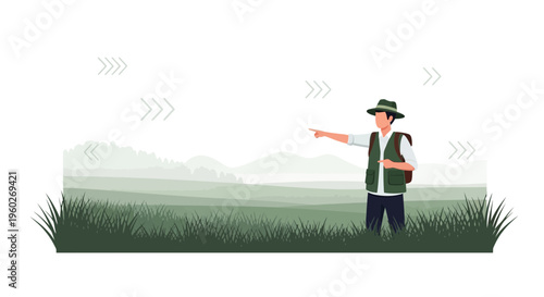 Explorer Points Way Forward Through Lush Green Landscape