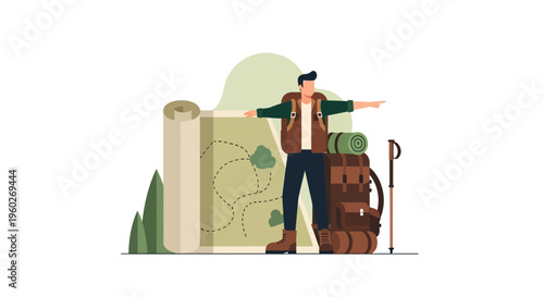 Explorer With Backpack And Map Charting A Path For Adventure