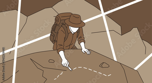 Explorer With Backpack Planning Expedition Route Using Marker On Rough Terrain