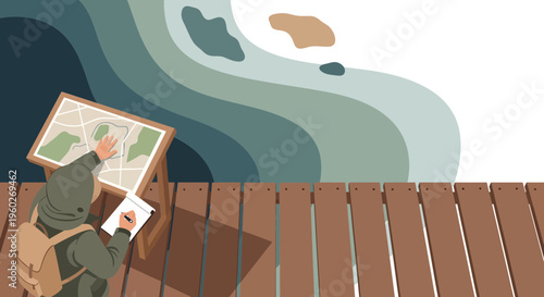 Explorer Studying Map On Wooden Dock Beside Flowing Water