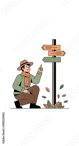 Exploring Pathways A Hiker Consults A Crossroads Directional Sign