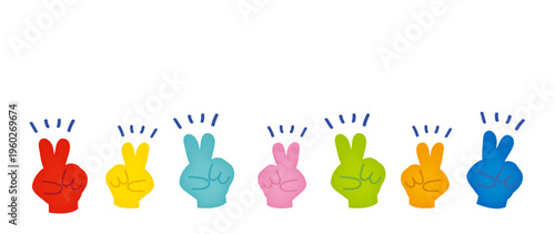Rainbow Colored Peace Sign Hand Gestures - Set of 7 Cute Cartoon Hands Making V Sign with Sparkle Lines