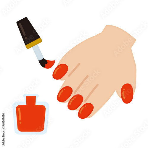 Red Nail Polish Bottle and Brush Applying Vibrant Red Polish to a Hand with Perfect Red Manicure, Flat Vector Illustration 

