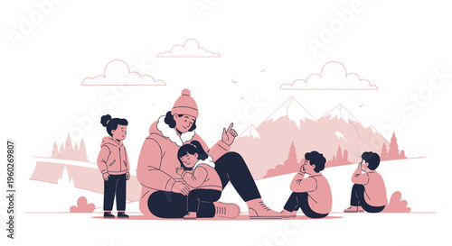 Family Adventure Learning In Snowy Mountains Telling Stories