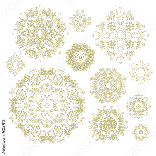 Set of decorative elements - ornamental rosettes, mandala, ornamental vector border ribbons, oriental style