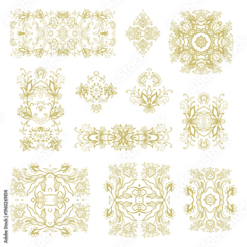Set of decorative elements - ornamental rosettes, mandala, ornamental vector border ribbons, oriental style