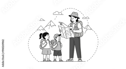 Family Adventure Trip Planning With Map For Hiking Expedition Fun