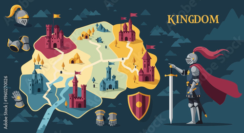 Fantasy Kingdom Map With Knight And Castles In Flat Design Style