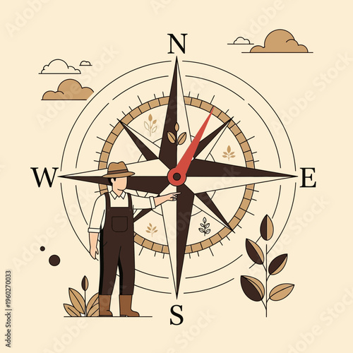 Farmer Consults Giant Compass For Agricultural Directional Guidance