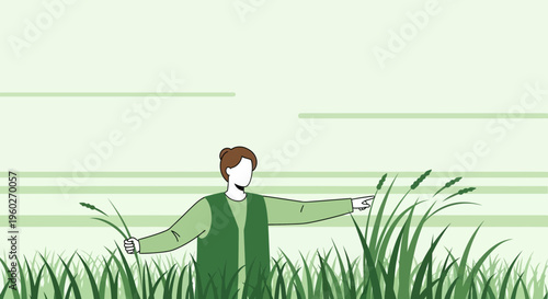 Farmer Exploring Vast Green Fields In A Simple Illustration Style