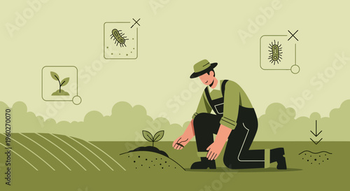 Farmer Observing Seedling Growth and Soil Health Innovations