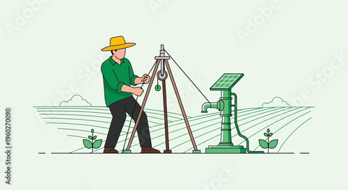 Farmer Using Solar Powered Water Pump On Field