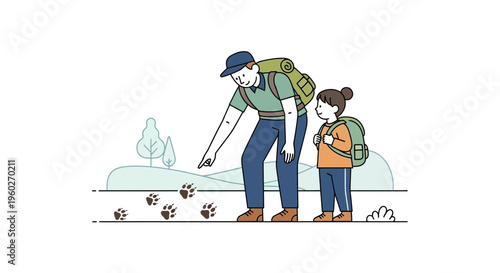 Father And Child Discovering Paw Prints Together On A Nature Walk Adventure