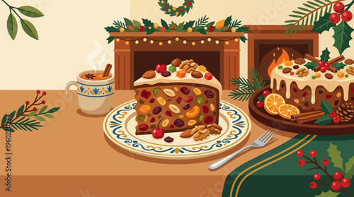 Festive Christmas Fruit Cake Slice on a Decorated Table