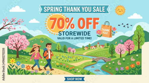 Spring Sale Banner Featuring Couple Hiking in a Scenic Landscape