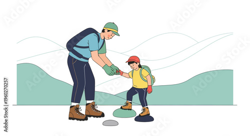 Father and Child Hiking Adventure and Mutual Support on Trail
