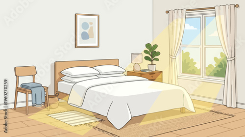 Cozy Bedroom Interior with Warm Sunlight