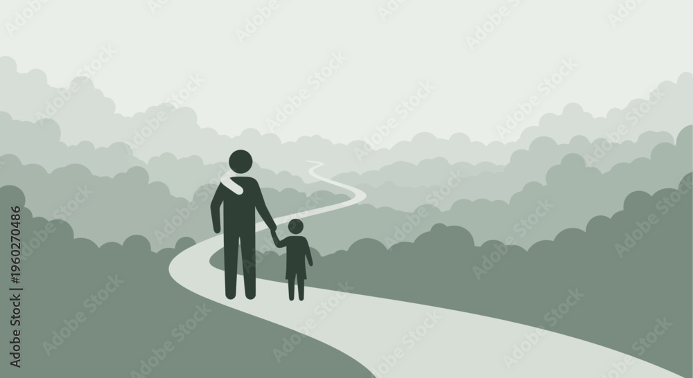 Obraz premium Father And Child Walking On A Winding Path Through A Hazy Forest Landscape