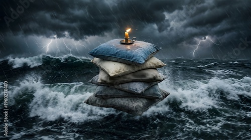 A stack of sandbags with a candle on top floats on turbulent stormy sea with lightning