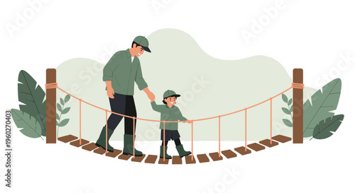 Father And Child Navigating A Rope Bridge Adventure Together