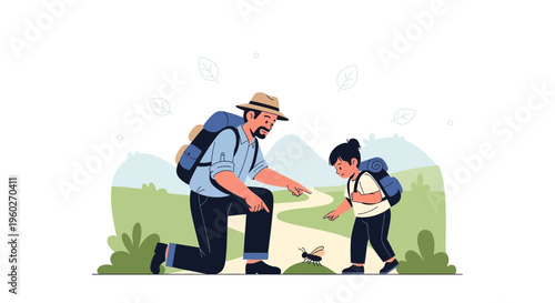Father And Child Observe Insect During Outdoor Adventure