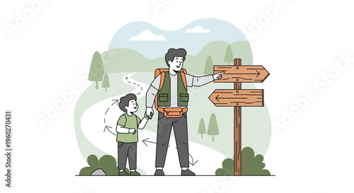 Father And Child Navigating Trail Signs In Nature