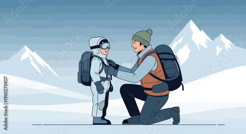 Father And Child Preparing For Mountain Adventure Snow