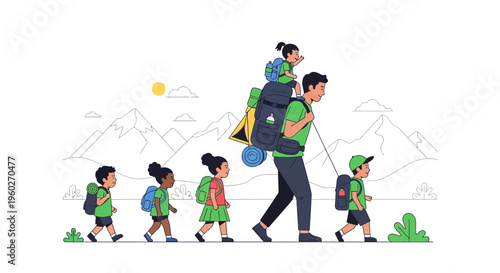 Father And Children Hiking Together Backpacking Adventure In Mountains