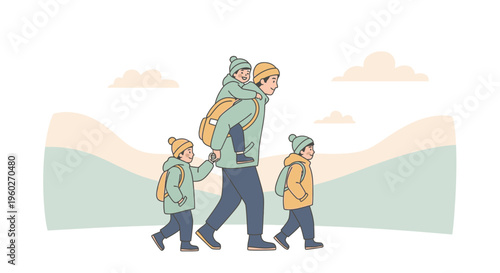 Father And Children Trekking Outdoors In Winter Season