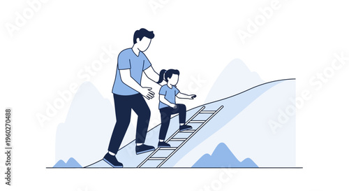 Father And Daughter Ascending A Ladder Towards A Summit