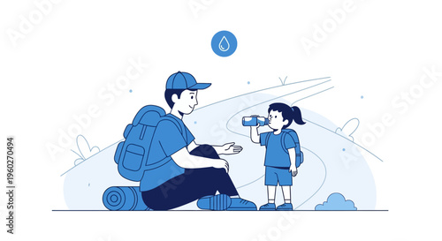 Father And Daughter Backpacking Adventure Enjoying Refreshing Drink Outdoors