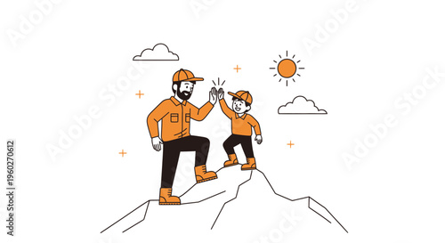 Father And Son Celebrate Reaching Mountain Summit High Five