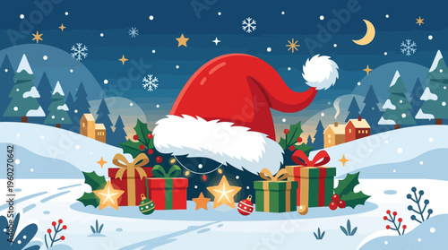 Festive Christmas Scene with Santa Hat and Presents