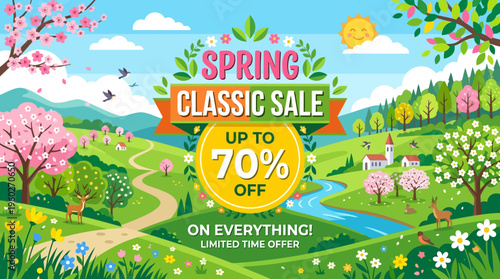 Spring Classic Sale Banner with Scenic Landscape