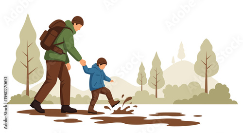 Father And Son Enjoying A Muddy Puddle Adventure Outdoors