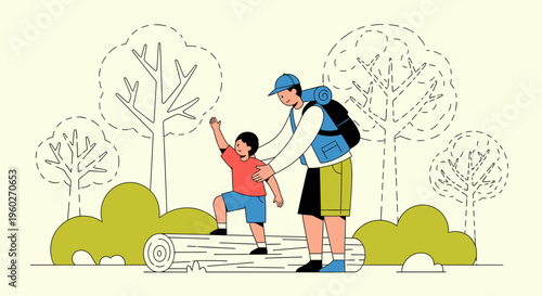 Father And Son Enjoying A Nature Hike Adventure In The Forest