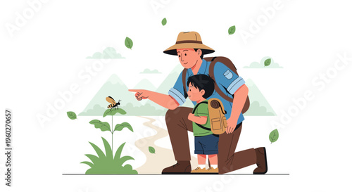 Father And Son Exploring Nature Discovering Insects Outdoors