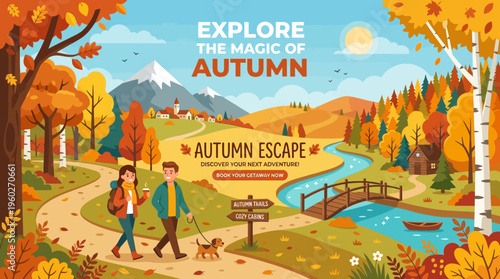 Autumn Escape Scenic Landscape Banner Featuring Couple Hiking