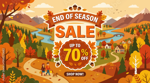 End Of Season Sale Advertisement with Autumn Landscape