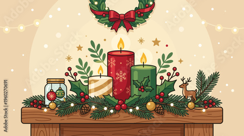 Festive Christmas Mantel Decoration with Candles and Wreath