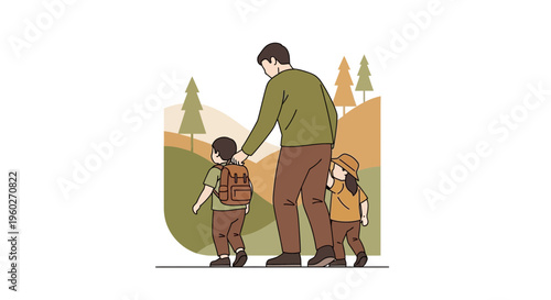 Father And Two Children Hiking On A Trail Together
